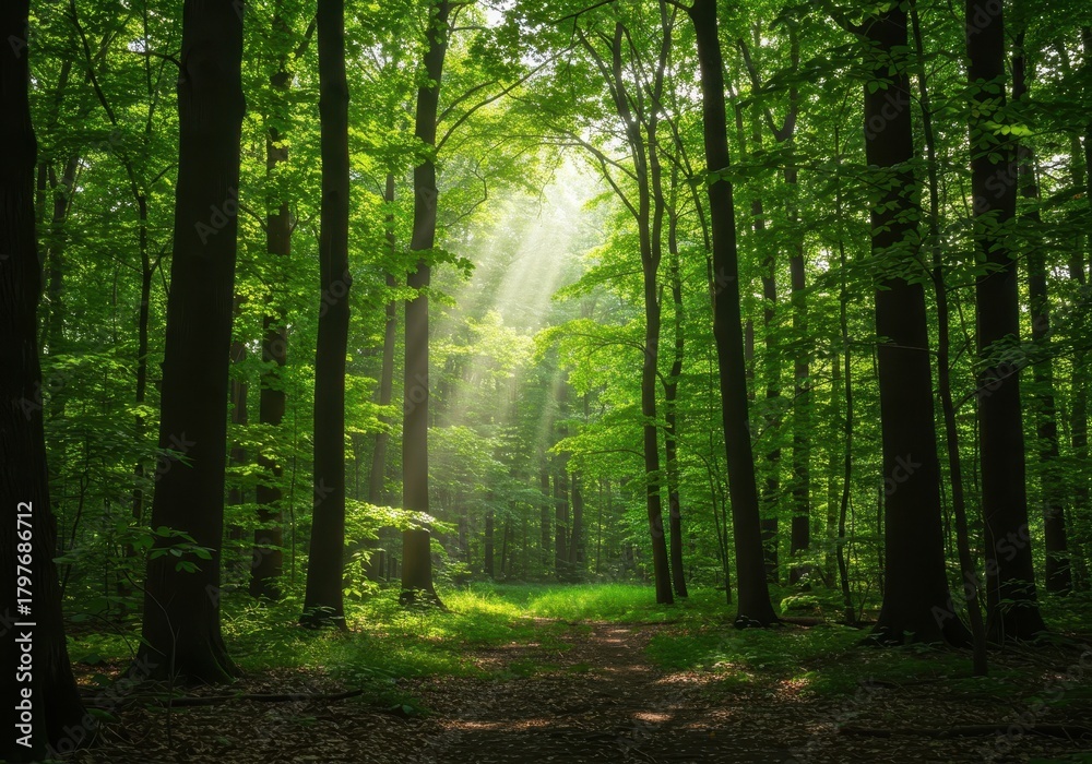 Fototapeta premium Lush, green temperate woodland environment with sunlight filtering through a dense tree canopy. Ideal natural background for design elements or text, woodland, backdrop, shadow