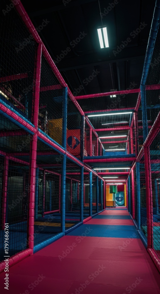Fototapeta premium Massive, brightly colored interior playground structure designed for climbing, sliding, and active recreation in a safe environment ,Interior ,Movement ,Active