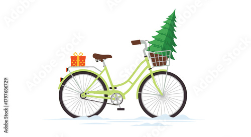 Side view of a charming green vintage bicycle with a Christmas tree in the front basket and a gift on the back rack, parked in the snow.
