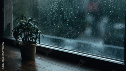 Raindrops blur the side mirror on a gloomy day, with a flowerpot resting on the wooden floor to the left, evoking emotions of solitude and melancholy.