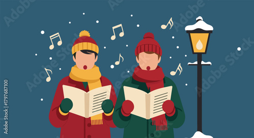 Two carol singers in warm winter coats and hats singing Christmas songs from a book under a glowing street lamp as snow falls gently.
