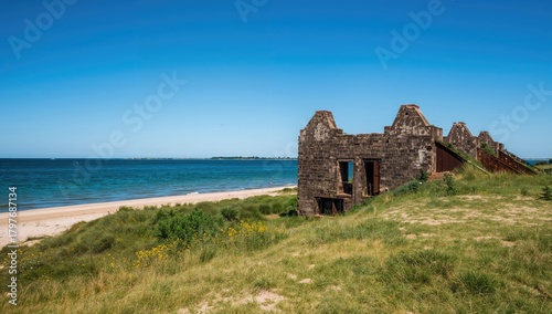 Fototapeta Naklejka Na Ścianę i Meble -  Ruins of bunkers along the Baltic Sea coastline, showcasing erosion risk