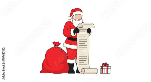 Classic cartoon of Santa Claus in his red suit, checking his long naughty or nice list with a sack of toys and a gift nearby.