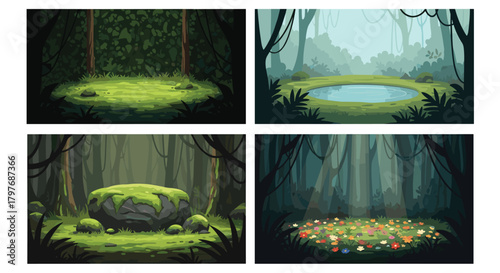 Set of four pixel art forest clearings depicting serene natural scenes with a pond, mossy rock, and a field of wildflowers.