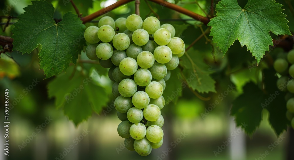 Obraz premium A beautiful, fresh bunch of ripe green grapes hanging naturally with attached vine tendrils and vibrant green leaves, suggesting organic farming ,grape, succulent, diet