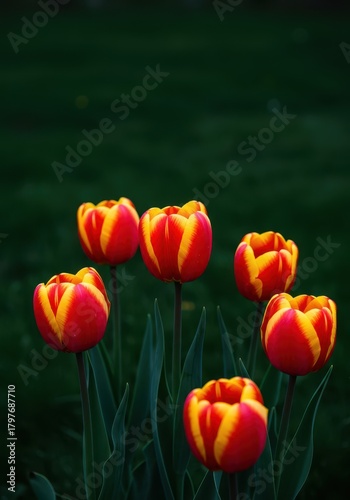 Vibrant red and yellow tulips bloom against a lush, deep green meadow backdrop, symbolizing the hopeful arrival of the spring season ,flower ,bright ,plant