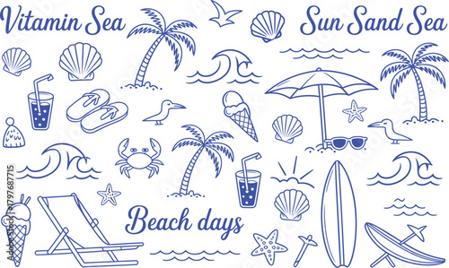 Blue line art beach vacation icons and text summer
