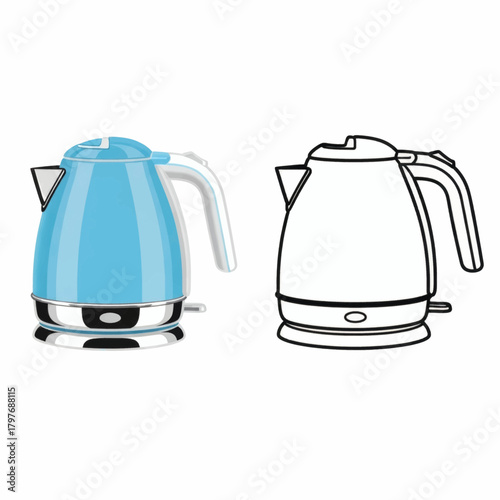 Vector illustration of a modern electric kettle with a sleek blue finish and an outline drawing for household design projects and technology concepts
