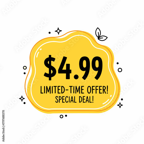 Vector sale label $4.99 price tag, Price sticker 4,99 $