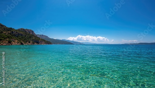 Fototapeta Naklejka Na Ścianę i Meble -  The deep blue Mediterranean Sea near a coastal area, highlighting the risk of erosion