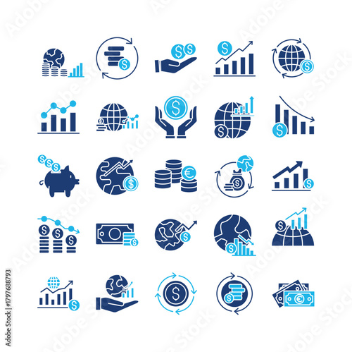 Business economy icon set collection. Containing statistics, increase, transfer, give, marketing, global, loan .Solid vector icons collection