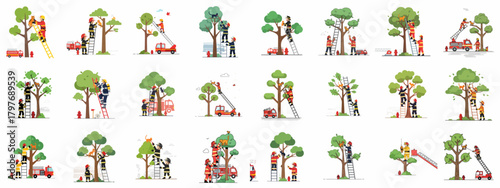 Firefighters Rescuing Cats and Small Animals from Trees using Ladders and Fire Trucks, Flat Vector Illustration Set.