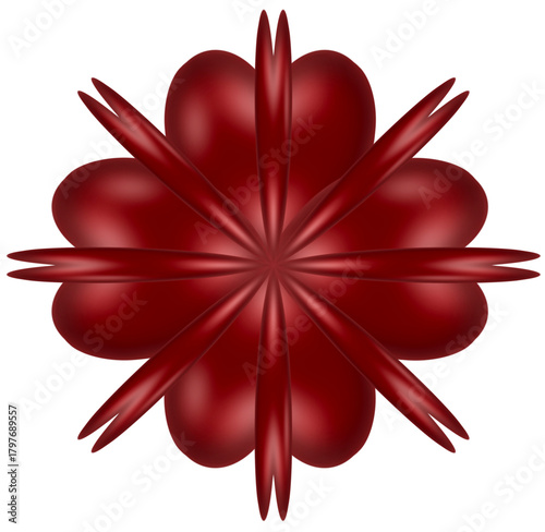 A dark red starburst motif floral with single petal layer, transparent background. Isolated background, png file.	
