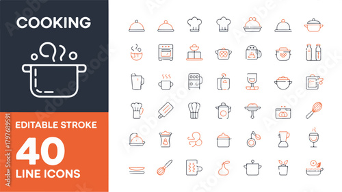 Cooking Line Icons Set with Pots Pans and Kitchen Utensils Keywords: cooking, line icons, set, pots, pans, kitchen utensils, chef hat, oven, stove, teapot, blender, wine glass