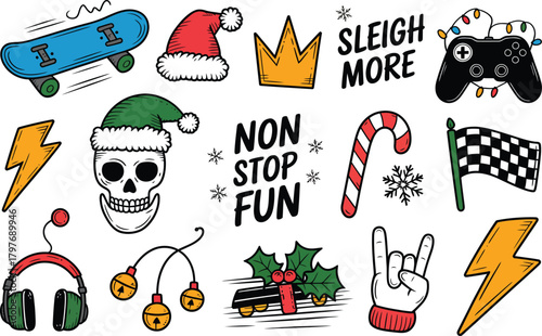 Blue skateboard red santa hat gold crown text and gaming controller