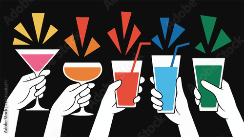 Diverse Hands Holding Colorful Drinks with Festive Burst Elements Against a Black Background
