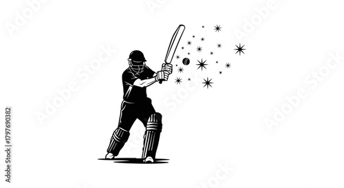 Cricket player silhouette hitting ball with bat and stars art