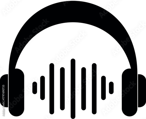 Modern black headphones icon with sound waves for music, audio, and listening concepts