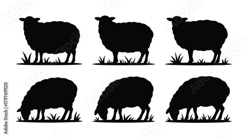 Elegant sheep silhouettes grazing peacefully on a grassy field, ideal for farm themes, nursery decor, or storybook illustrations with animal motifs