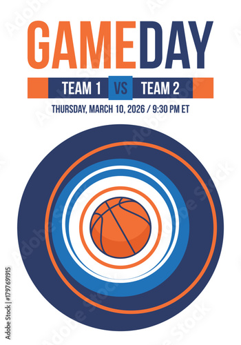Game Day. Basketball playoff in March. Super sport party in United States. Final games of season tournament. Professional team championship. Ball for basketball. Sport poster. Vector