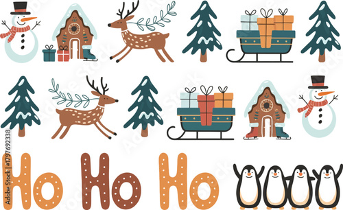 Christmas elements with snowman gingerbread house deer sleigh and penguins