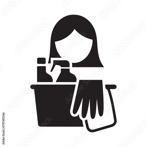 Woman with cleaning supplies and glove icon