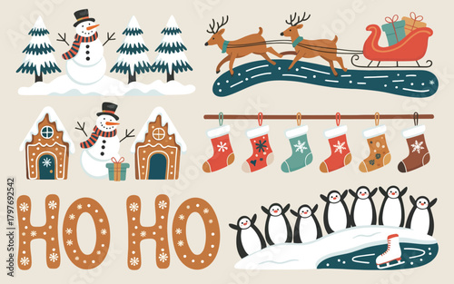 Christmas scene with snowmen gingerbread houses reindeer and penguins