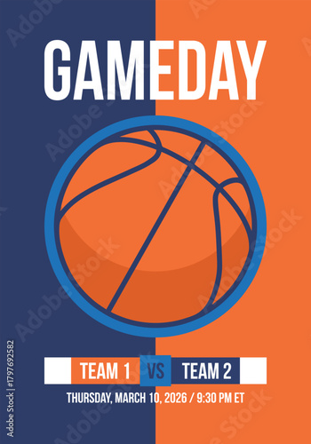 Game Day. Basketball playoff in March. Super sport party in United States. Final games of season tournament. Professional team championship. Ball for basketball. Sport poster. Vector