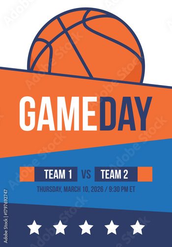 Game Day. Basketball playoff in March. Super sport party in United States. Final games of season tournament. Professional team championship. Ball for basketball. Sport poster. Vector