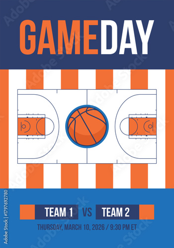 Game Day. Basketball playoff in March. Super sport party in United States. Final games of season tournament. Professional team championship. Ball for basketball. Sport poster. Vector