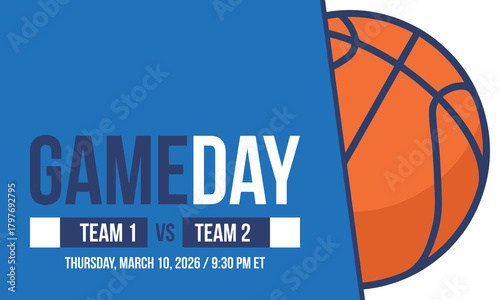 Game Day. Basketball playoff in March. Super sport party in United States. Final games of season tournament. Professional team championship. Ball for basketball. Sport poster. Vector