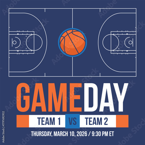 Game Day. Basketball playoff in March. Super sport party in United States. Final games of season tournament. Professional team championship. Ball for basketball. Sport poster. Vector