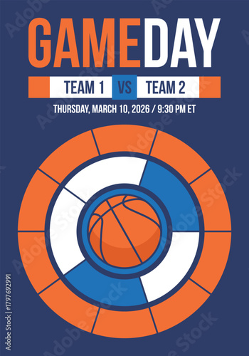 Game Day. Basketball playoff in March. Super sport party in United States. Final games of season tournament. Professional team championship. Ball for basketball. Sport poster. Vector