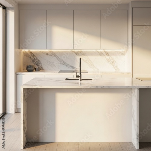 Modern Minimalist Kitchen Interior with White Marble Island and Warm Lighting