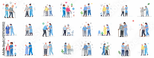 A set of illustrations depicting professional caregivers assisting elderly men and women with walking, using walkers and canes, symbolizing geriatric healthcare and assisted living.