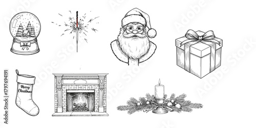 Christmas-themed illustrations including snow globe, Santa, and gifts  