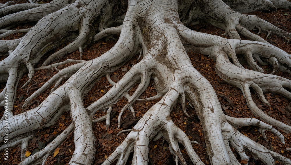 Naklejka premium Close-up of ancient tree roots with deep veins spreading through the soil, showcasing the resilience of nature and its passage of time