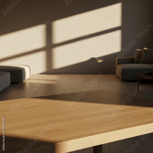 Sunlight Streams into a Minimalist Living Room with Wooden Table and Sofas