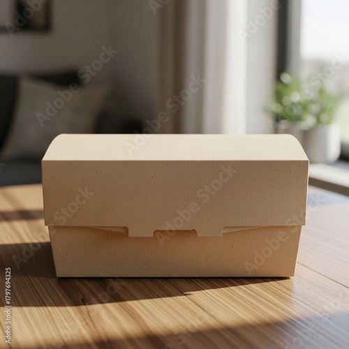 Blank Brown Cardboard Takeout Box on Wooden Table in Sunlight