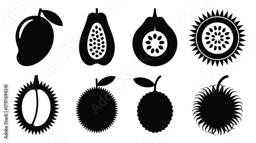 Exotic fruit silhouettes for vibrant designs Mango, papaya, jackfruit, durian and more tropical fruit icons for summer promotions and healthy food projects