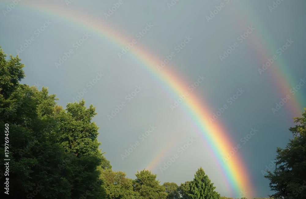 Obraz premium Bright double rainbow arcs across cloudy sky over rich green trees. Atmospheric weather phenomenon after rain with vivid colors visible in nature.