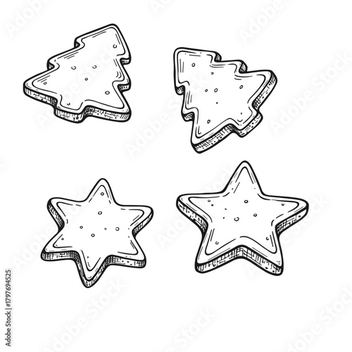 Christmas tree and star shaped cookies in black and white outline  