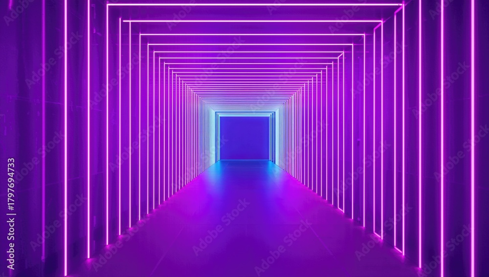 Fototapeta premium A tunnel illuminated by pink and blue neon lights, an immersive virtual reality experience