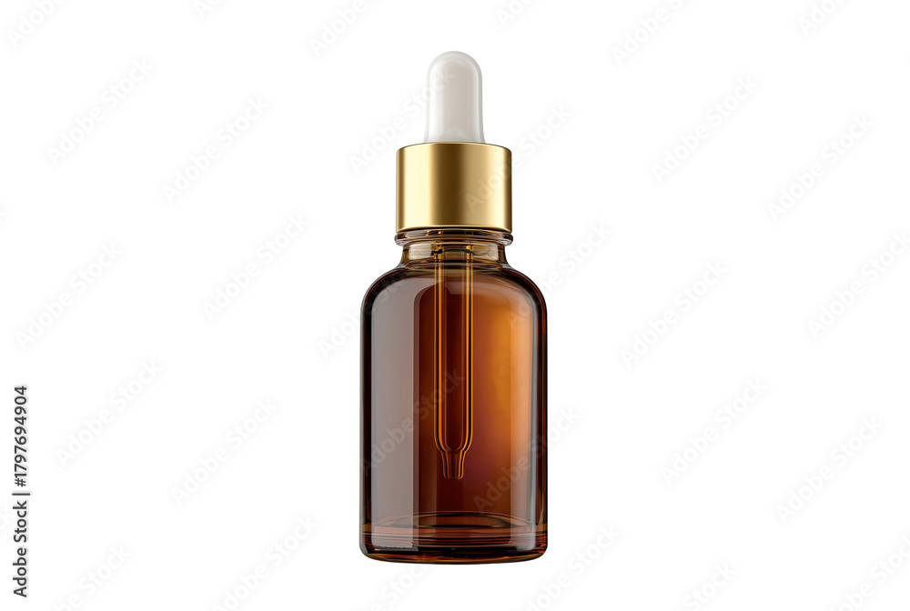 Naklejka premium Amber glass dropper bottle with golden cap isolated on transparent background