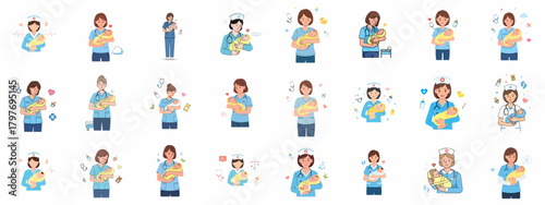 Vector illustrations of nurses and doctors holding newborn babies, representing professional childcare, neonatal care, and pediatric services.