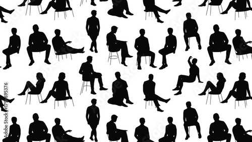 Diverse group of people sitting and standing silhouettes, perfect for illustrating community, meetings, or social gatherings in a simple, modern style