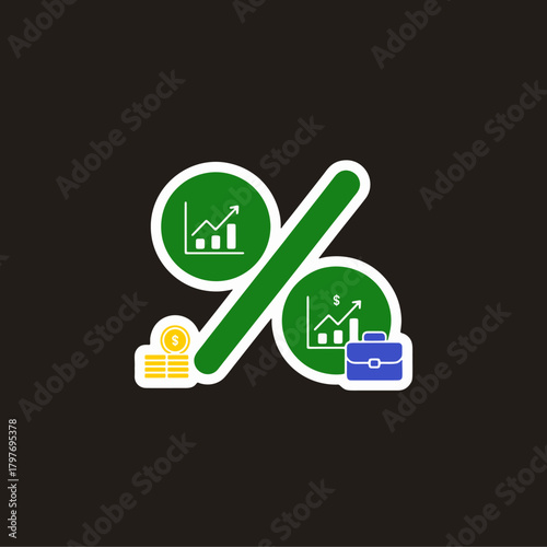 Discount percentage icon, financial savings, interest rate, and profit calculation symbol.