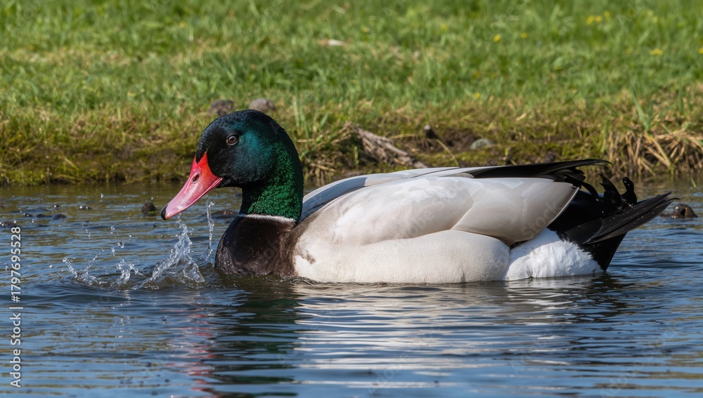 Fototapeta premium A large Muscovy duck enjoying a splash in water, showcasing natural behavior, spring season