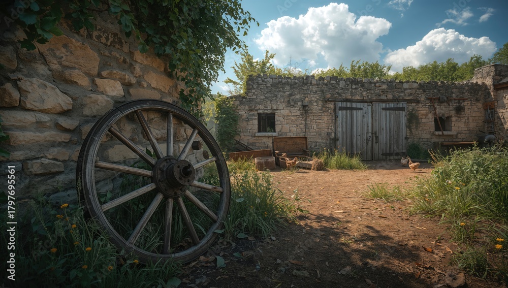 Obraz premium Vintage wagon wheel resting in a countryside farmhouse yard, highlighting rustic charm