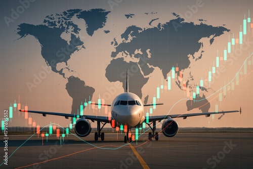 Commercial airplane on tarmac overlaid with world map and stock market graphs, travel finance trends